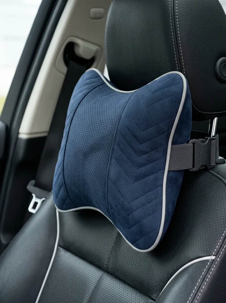 Suede-Texture Chevron Detail Stitched Detail Car Neck Pillow