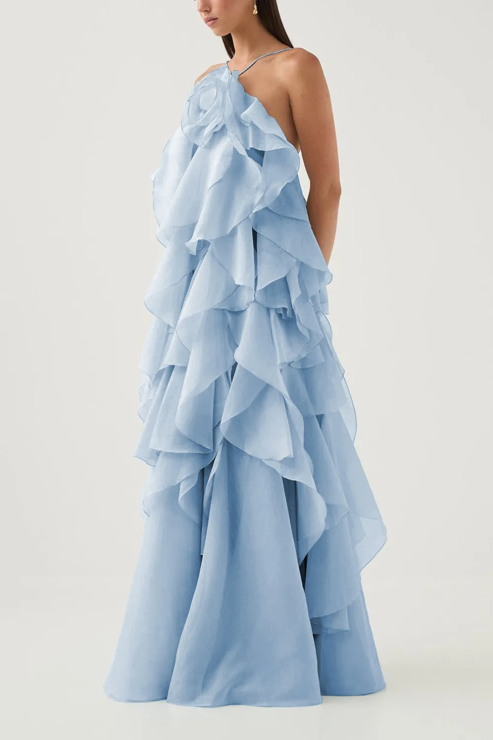 3D Flower Halter Neck Frill Maxi Dress