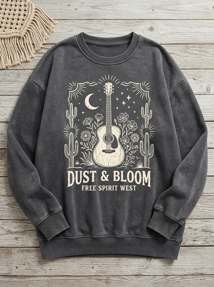 Women's Western Guitar Cactus Floral Printed Sweatshirt