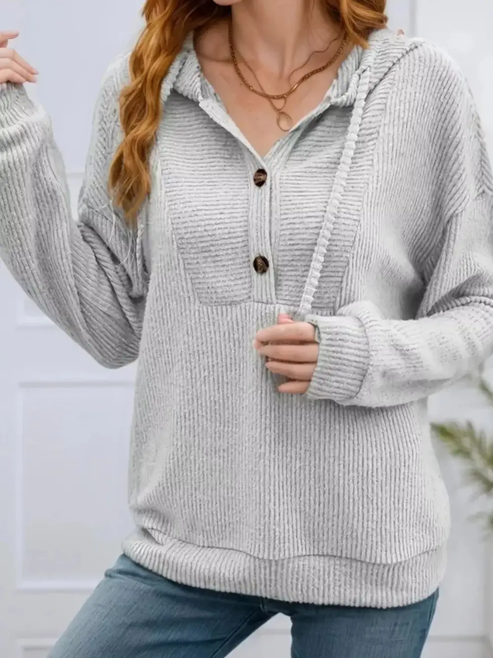 Drawstring Buttoned Pocketed Hoodie