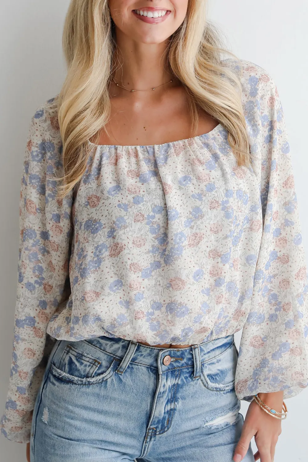 Square Collar Cream Floral Blouse
