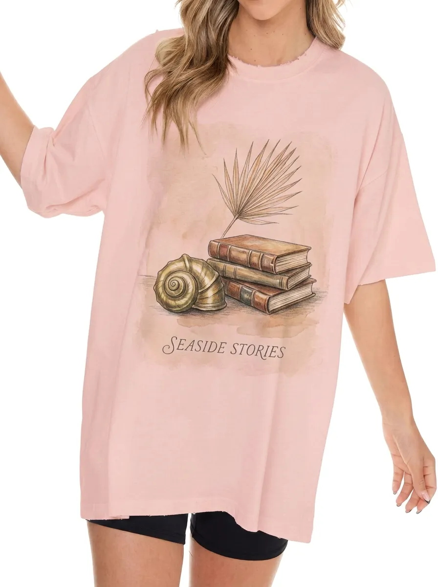 Women's Book Lover Seaside Stories Seashell Palm Printed T-shirt
