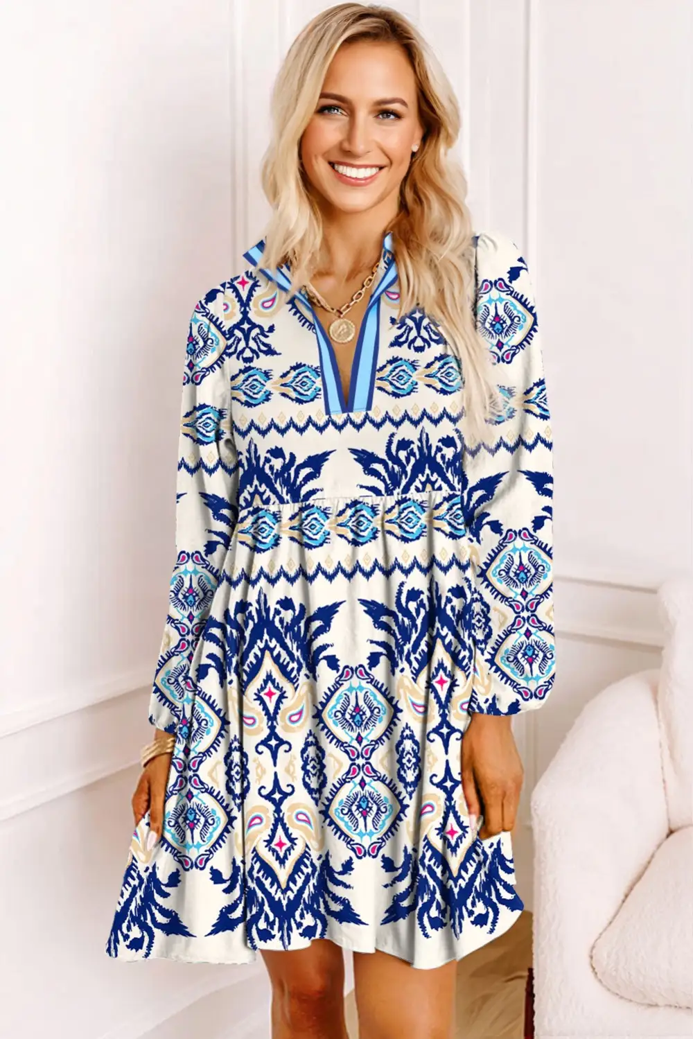 Striped Printed Split Neck Mini Dress