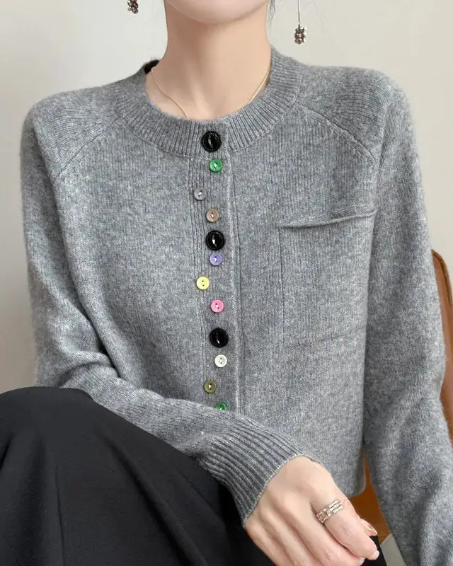 Merino-Wool Wool Crew-Neck Cardigan
