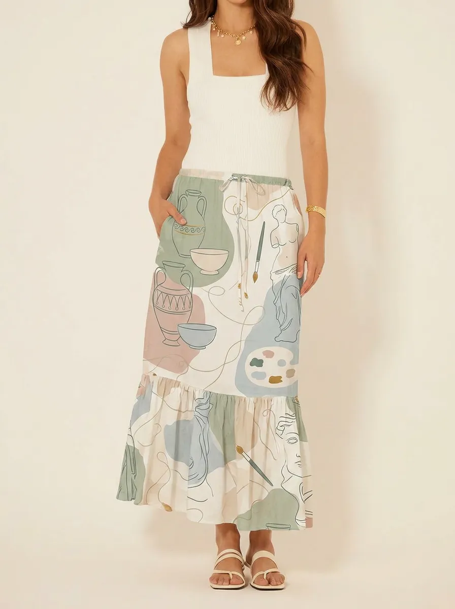 Women's Art Lover Greek Statue Pottery Printed Midi Skirt