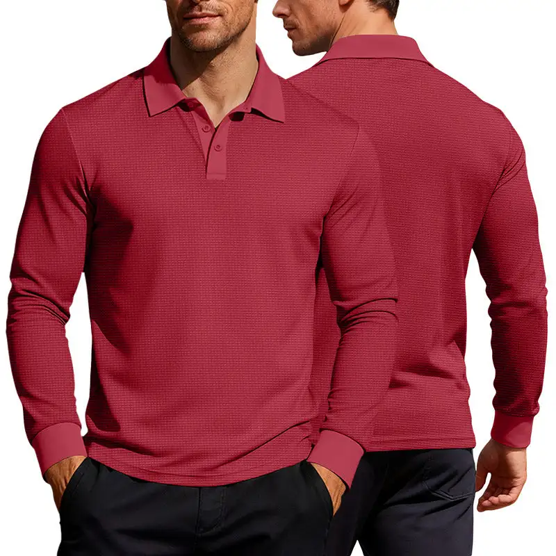 Waffle Texture Button Placket Long Sleeve Slim Fit Polo Shirt