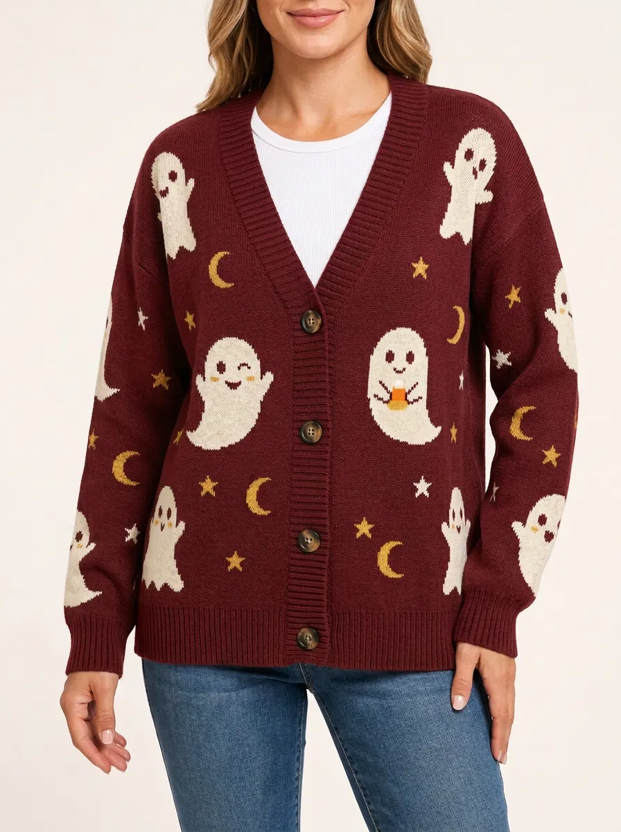 Women's Nightfall Halloween Ghost Moon Star Patterned Knit Cardigan
