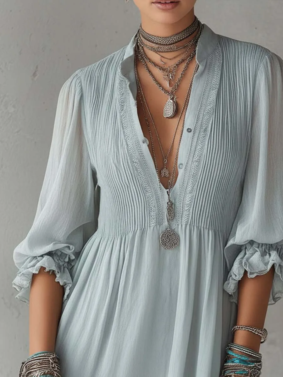 Retro Short-sleeved Ruffle Cuffs Chiffon Mini Dress