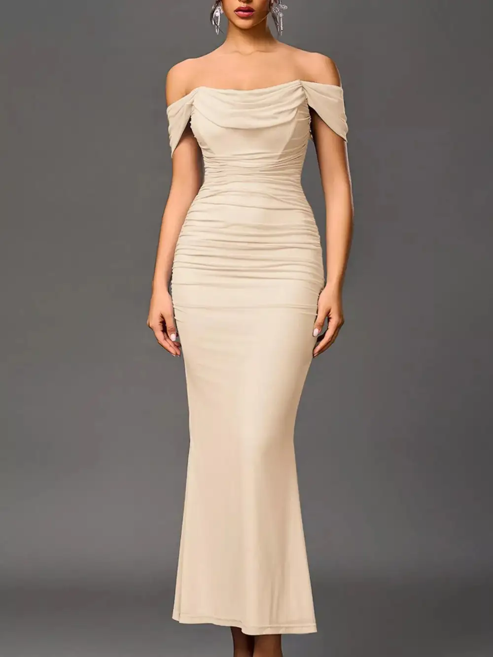 Relaxed Off Shoulder Ruched Mermaid Maxi Dress