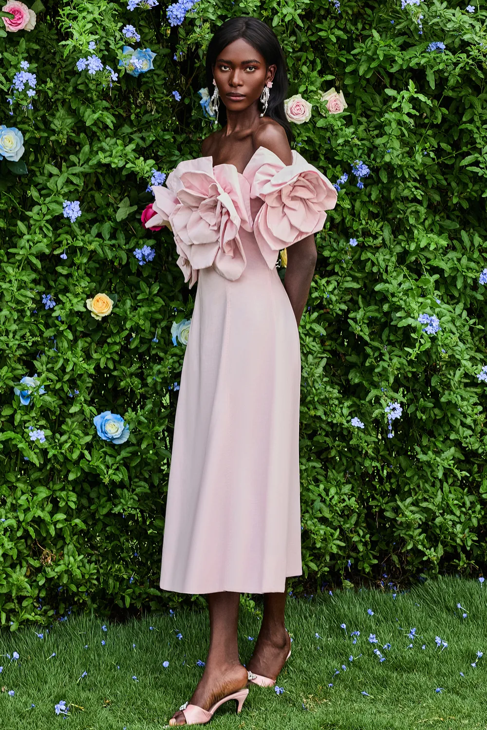 3D Flower Solid Off-Shoulder Midi Dress