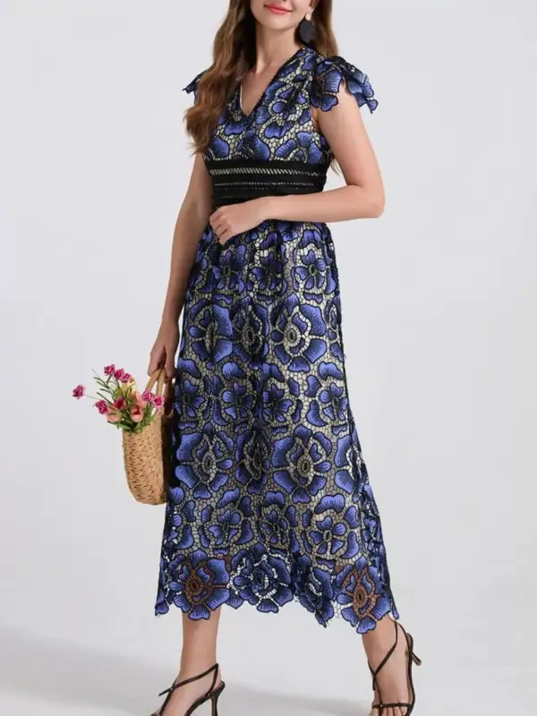 V-Neck Ruffle Sleeve Midi Dress
