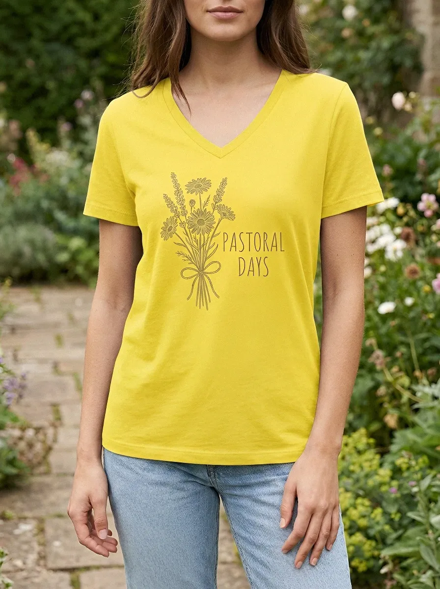 Women's Pastoral Days Wildflower Bouquet Printed V-neck T-shirt