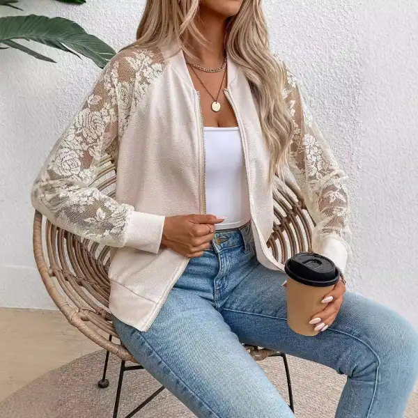 Floral Detail Zip Front Bomber Jacket