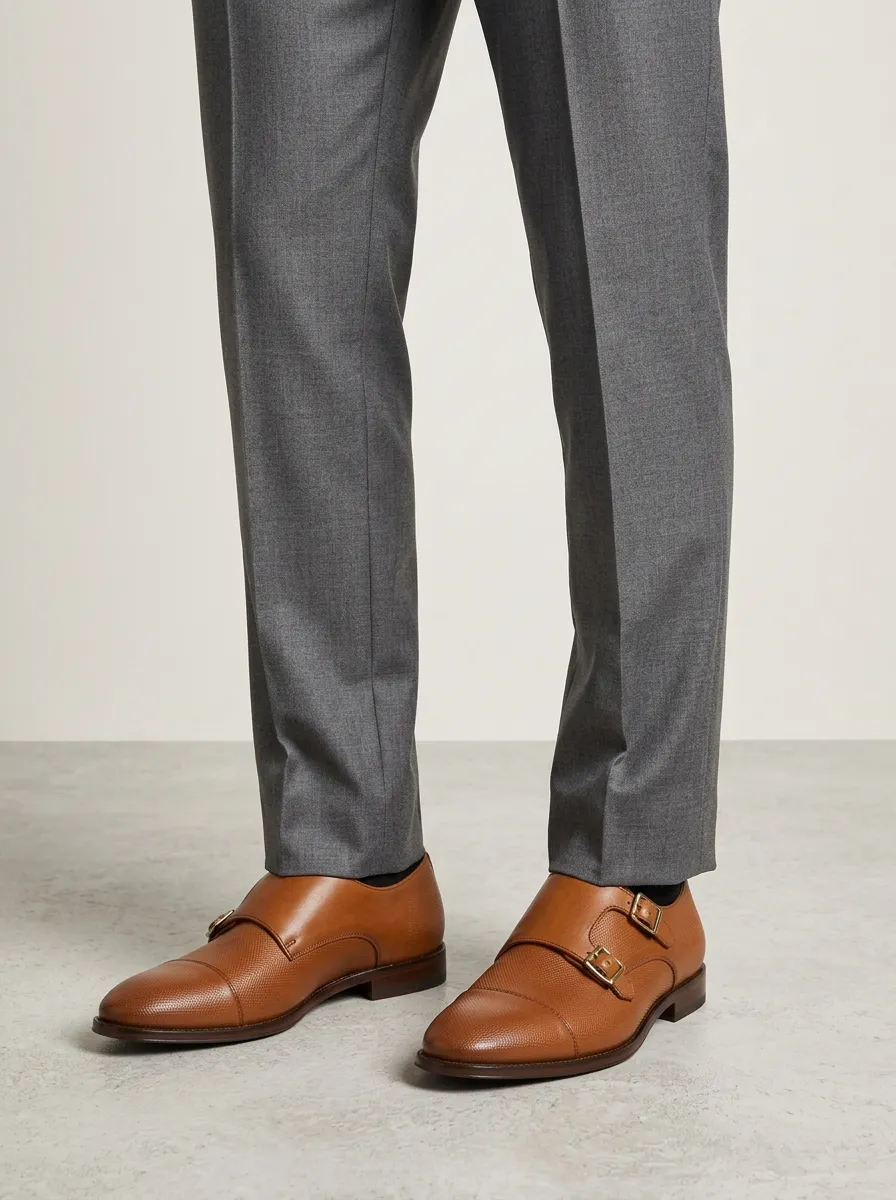 Men's Modern Business Formal Textured Leather Double Monk Strap Shoes