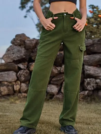 High Waist Cargo Straight Denim Jeans