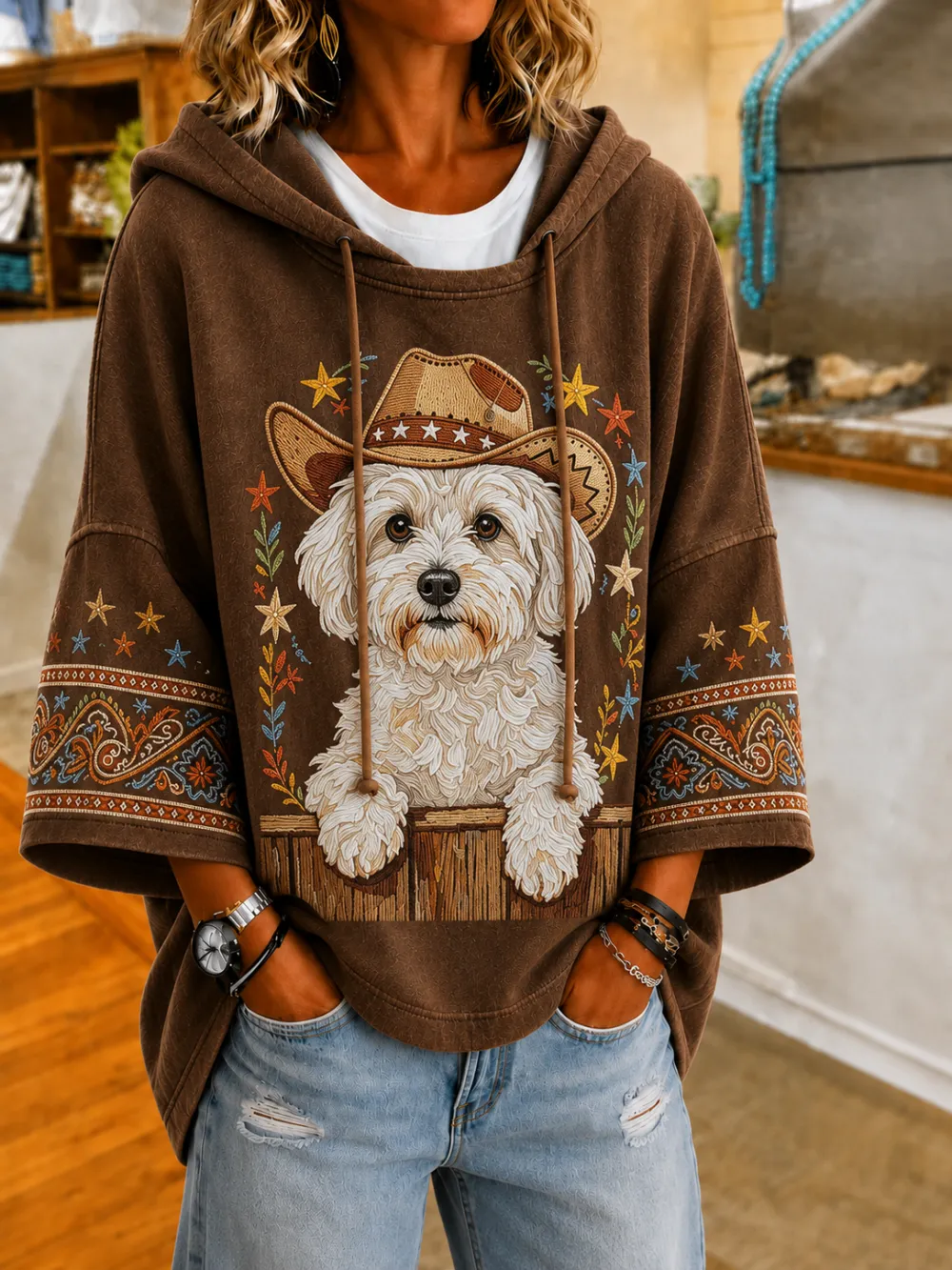 Women'S Funny Cowboy Dog Printed Super Large Hoodie