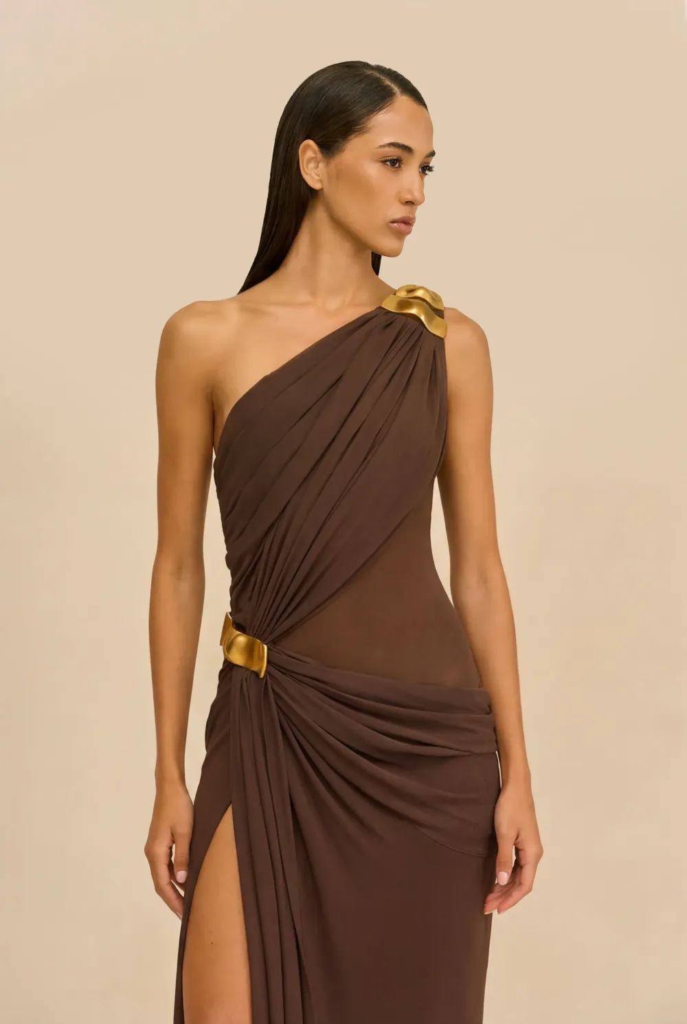 Alina Brown One Shoulder Ruched Maxi Dress