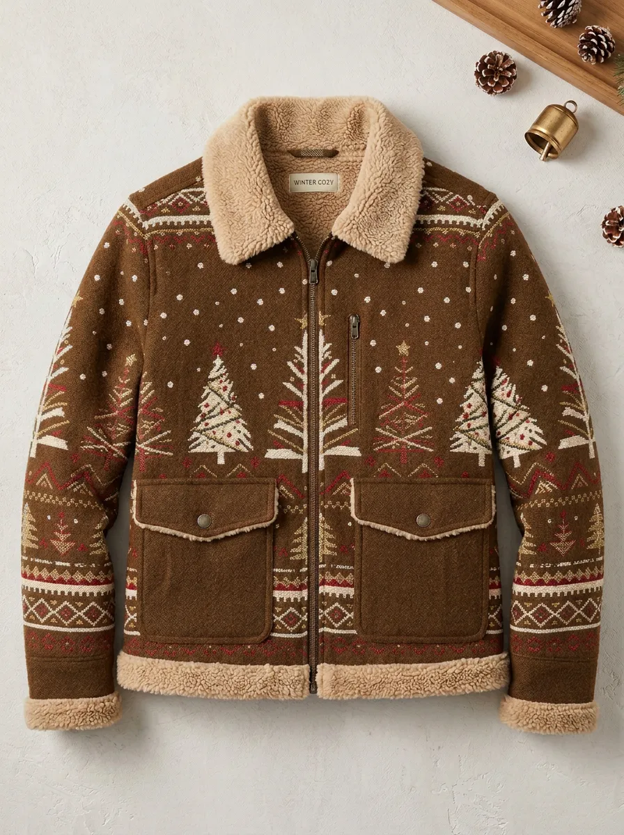 Unisex Christmas Tree Fair Isle Pattern Print Sherpa Lined Jacket