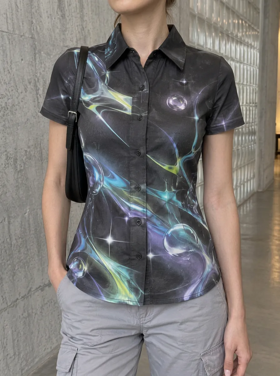 Women's Relaxed Y2K Aesthetic Cosmic Bubble Shirt