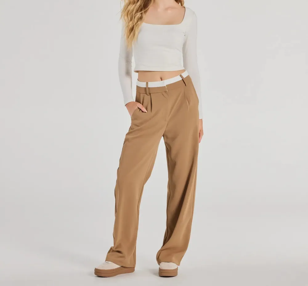 Taupe Knit High-Rise Straight-Leg Pants