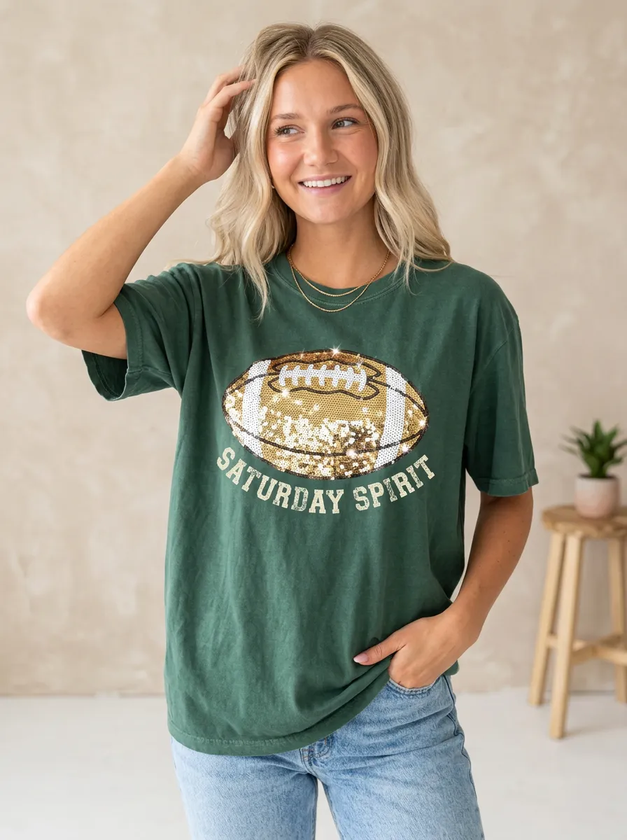 Women's Game Day Inspired Football Ball Sequin Crew Neck Graphic T-Shirt