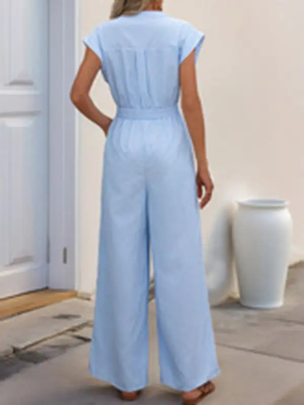 Sleeveless V Neck Withe Vertical Striped Jumpsuit