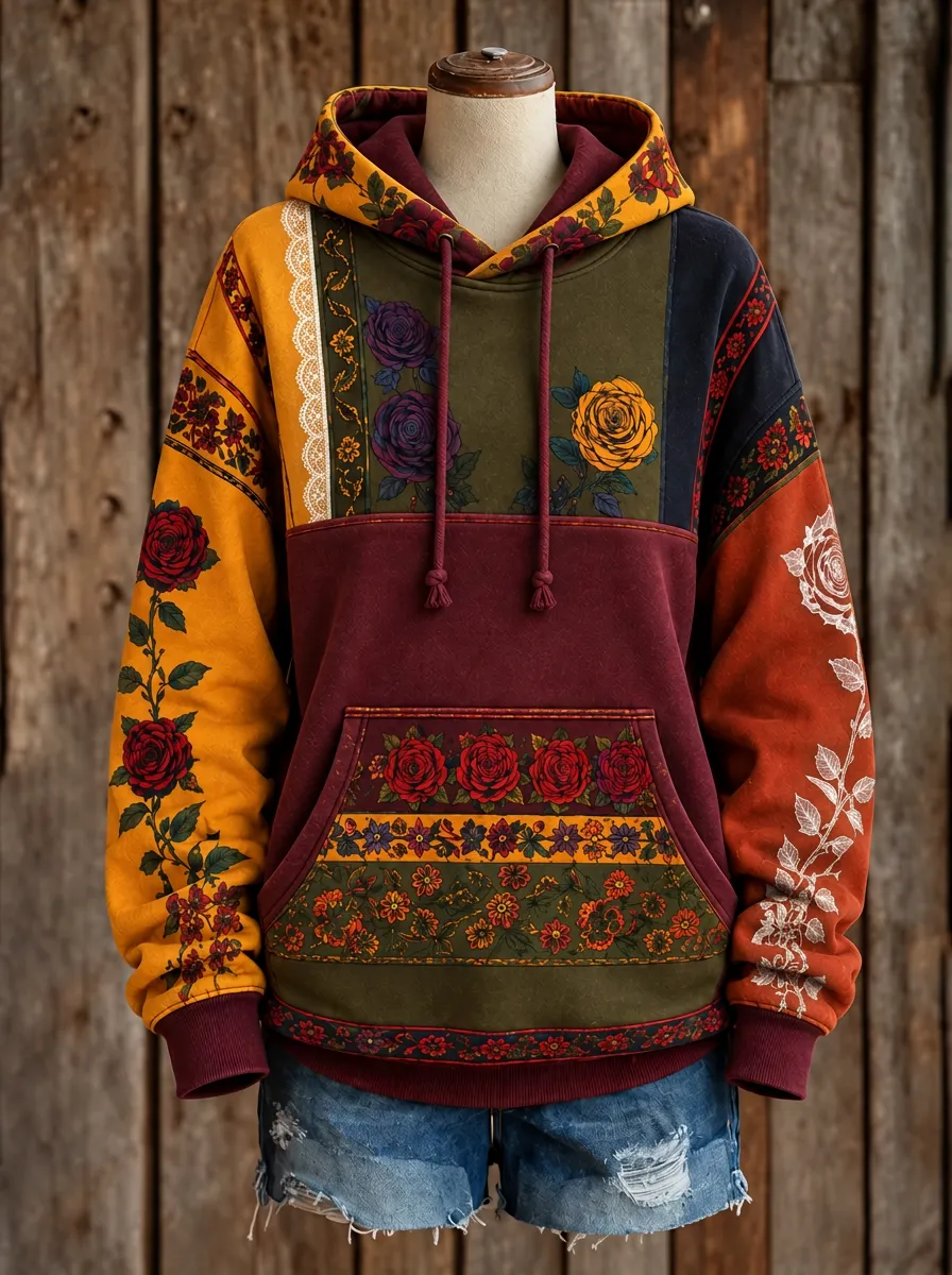 Women's Western Boho Rose Floral Patchwork Printed Hoodie
