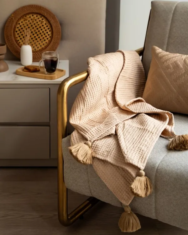 Beige Honeycomb Woven Throw With Tassels