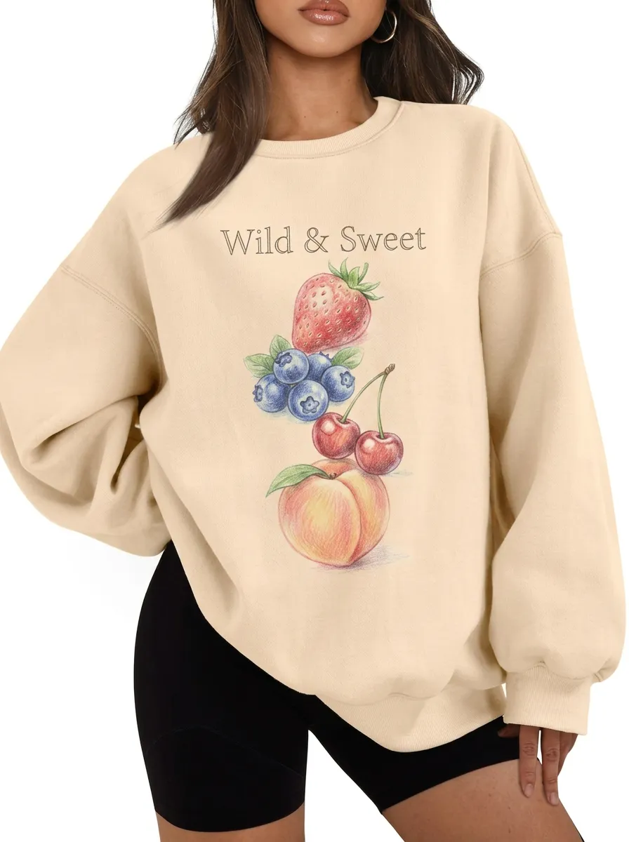 Women's Wild & Sweet Fruit Strawberry Blueberry Cherry Peach Printed Sweatshirt