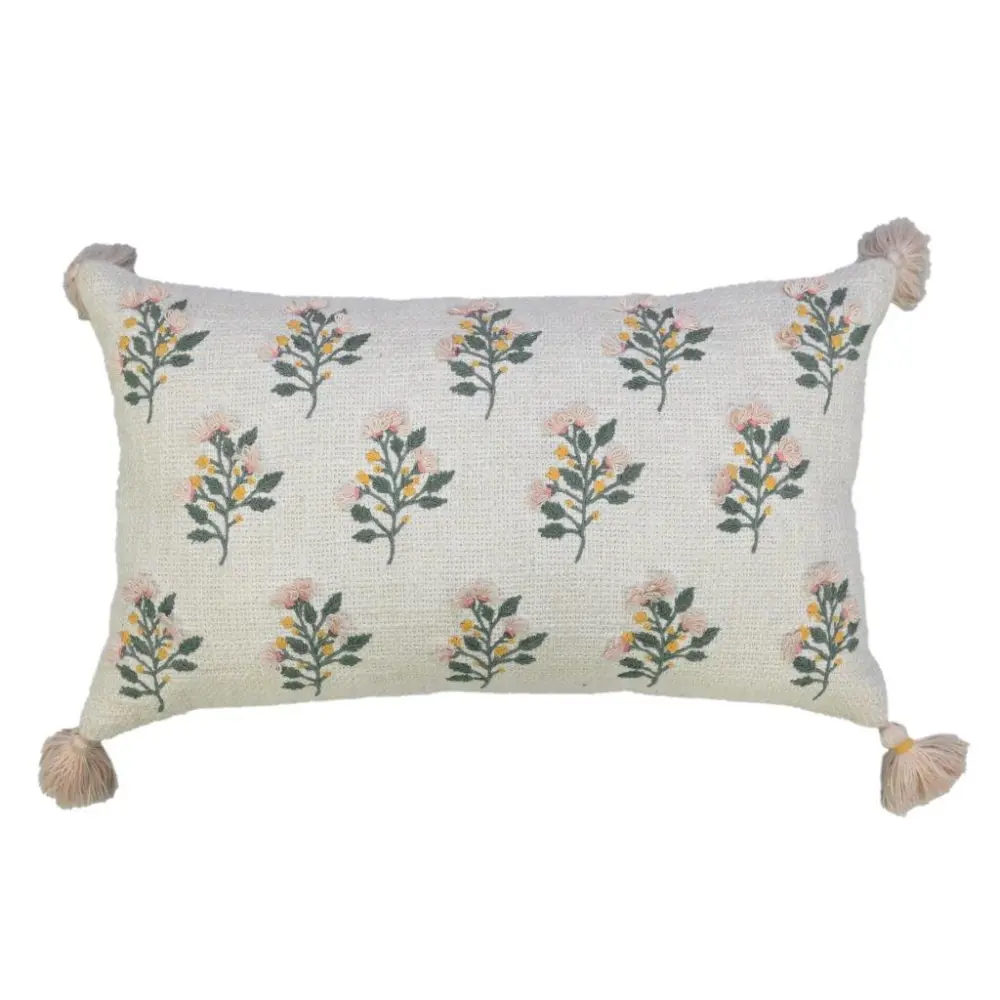 Hand Embroidered Floral Contemporary Cotton Lumbar Decorative Cushion Cover