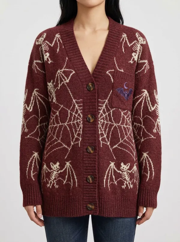 Women's Gothic Skeleton Bat Spiderweb Halloween Knit Cardigan