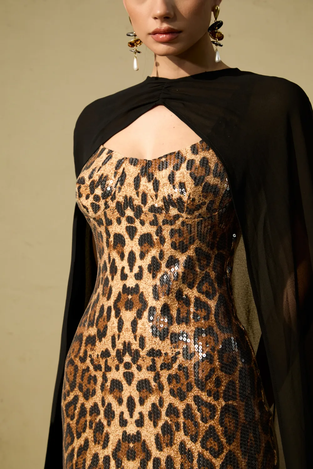 Wild Charm Multi Leopard Print Sequin Maxi Dress & Cape Set