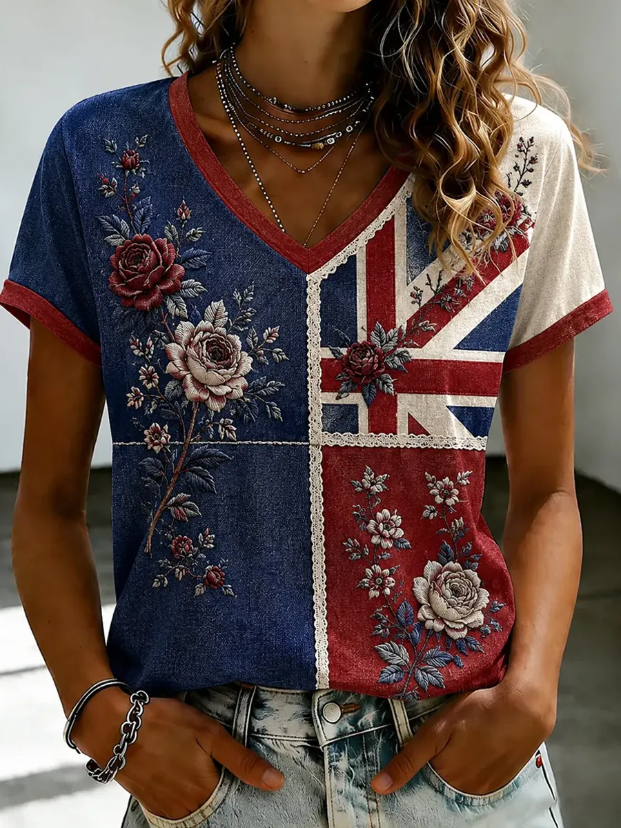 Women'S British Style Plants And Flowers Print V-Neck Casual T-Shirt