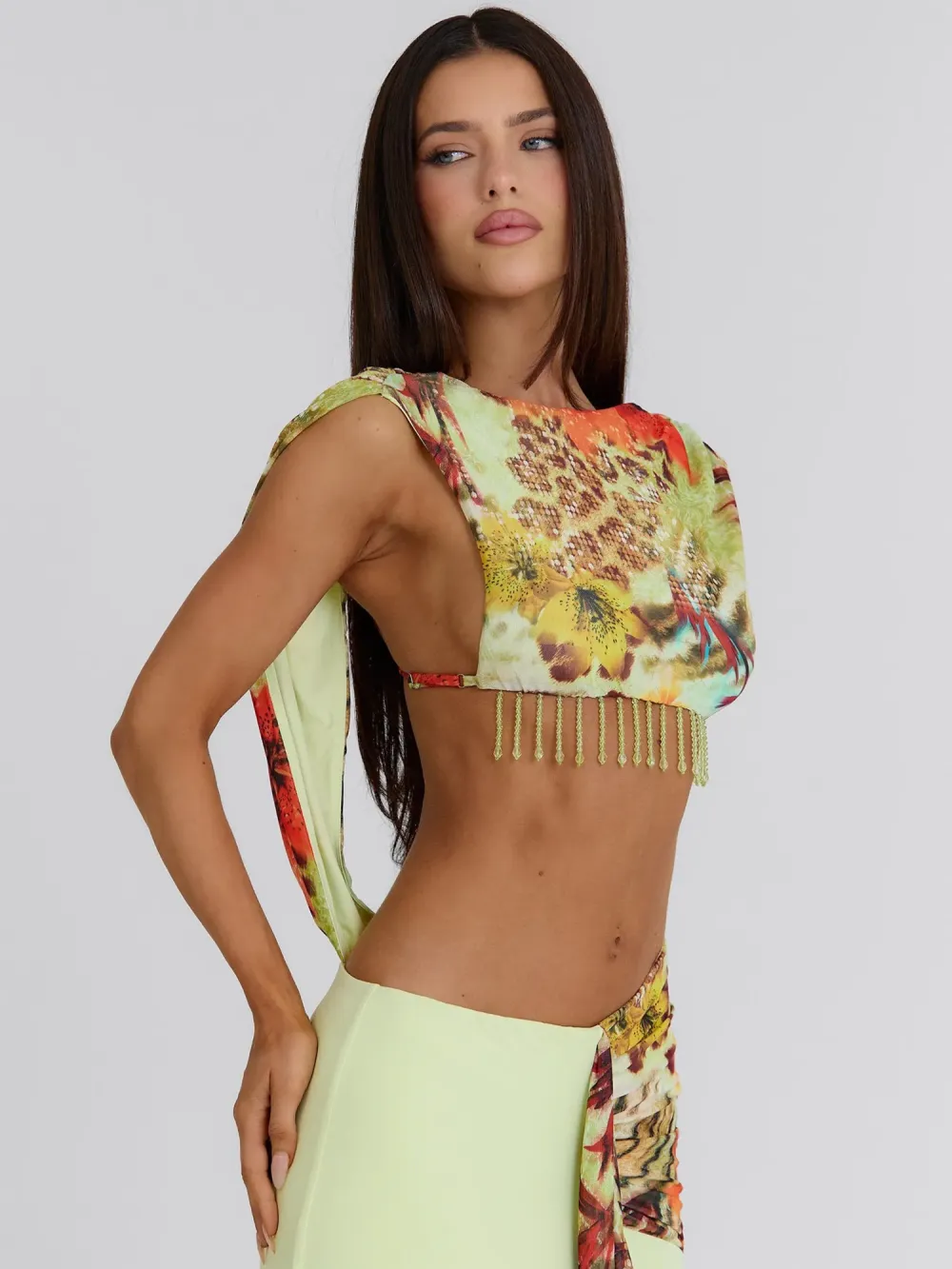 Grace Printed Beaded Tassel Maxi Skirt Set