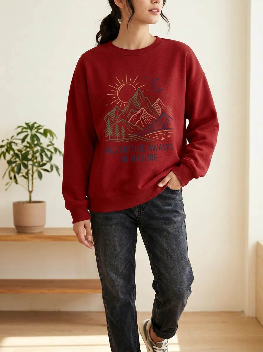 Women's Adventure Nature Mountain Sun Moon Printed Sweatshirt