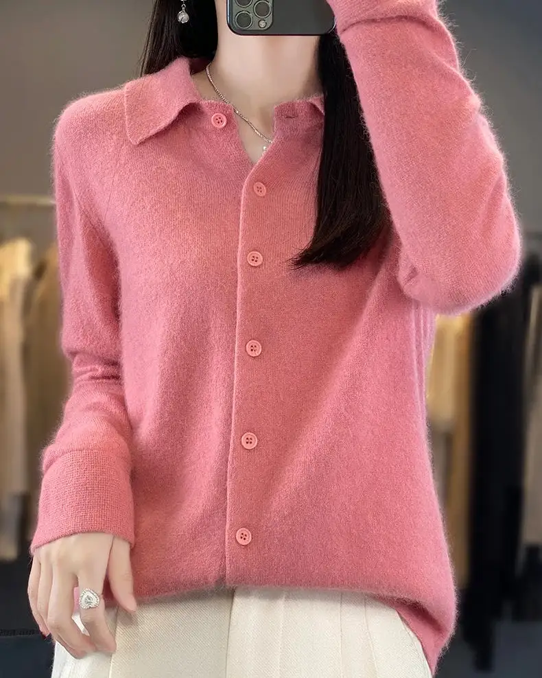 Mink-Cashmere Cashmere Button-Front Polo-Collar Cardigan