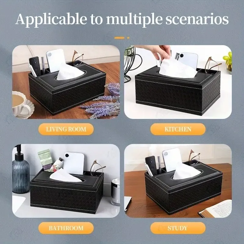 Compartment Multi-Functional Faux Leather Square Tissue Storage Box