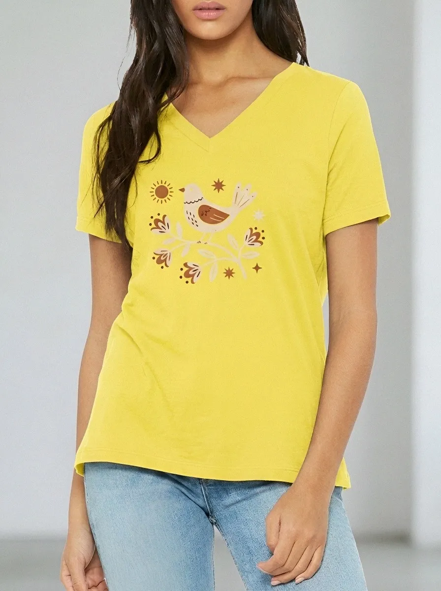 Women's Boho Nature Lover Bird Floral Sun Printed V-Neck T-Shirt
