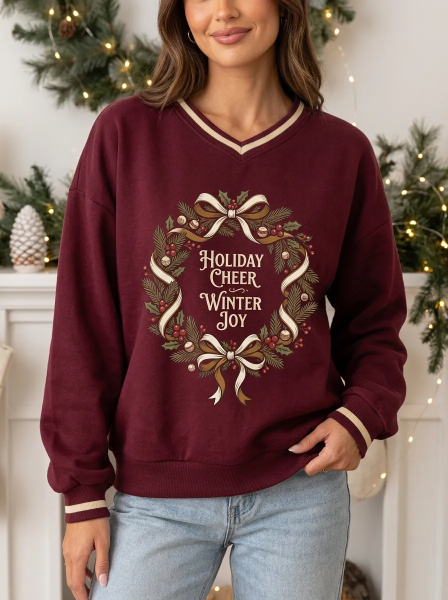 Christmas Holiday Cheer Winter Joy Wreath Print Sweatshirt