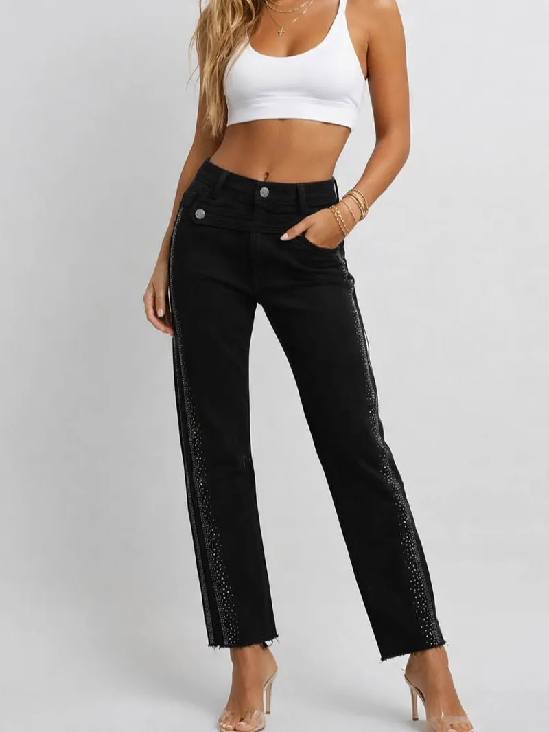 Side Rhinestone Button Waist Skinny Denim Pants