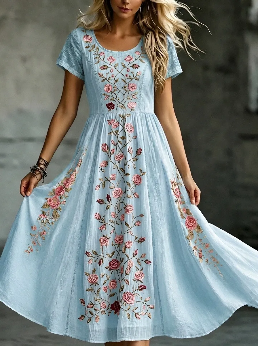 Women's Breast Cancer Awareness Rose Floral Embroidered Printed Dress