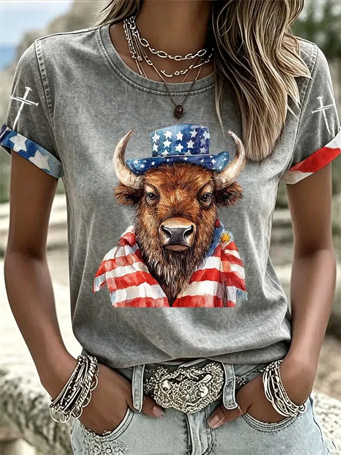 Women'S Western Style American Flag Cross Casual T-Shirt