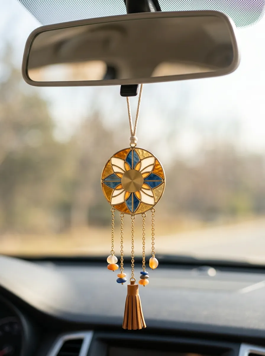 Beaded Floral Rearview Mirror Hanging Ornament