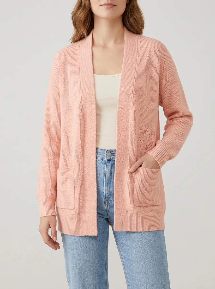 Women's Floral Minimalist Pink Embroidered Casual Cardigan