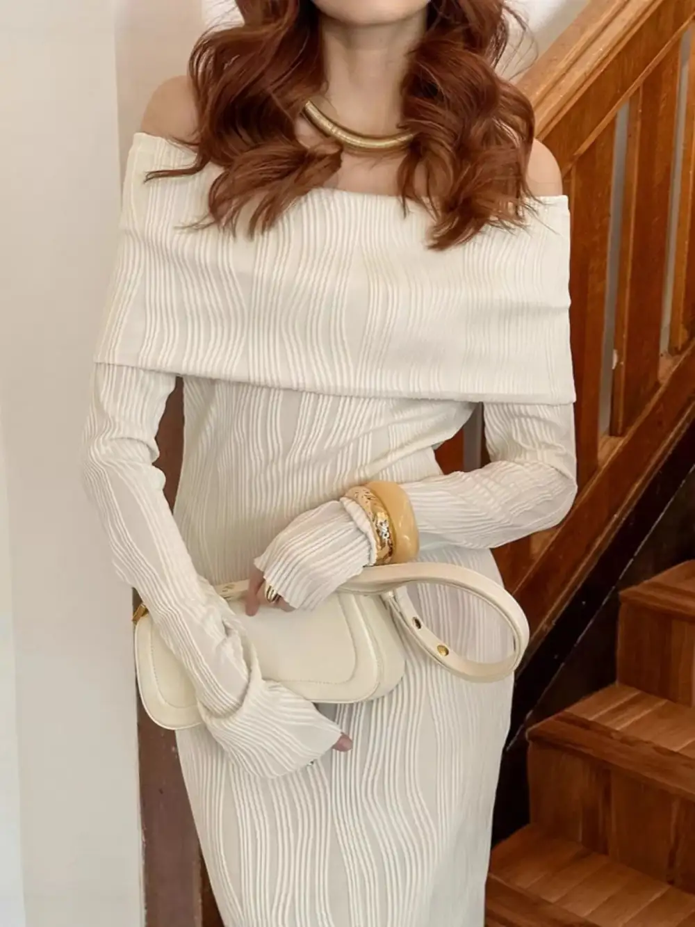 Off Shoulder Textured Knit Maxi Dress