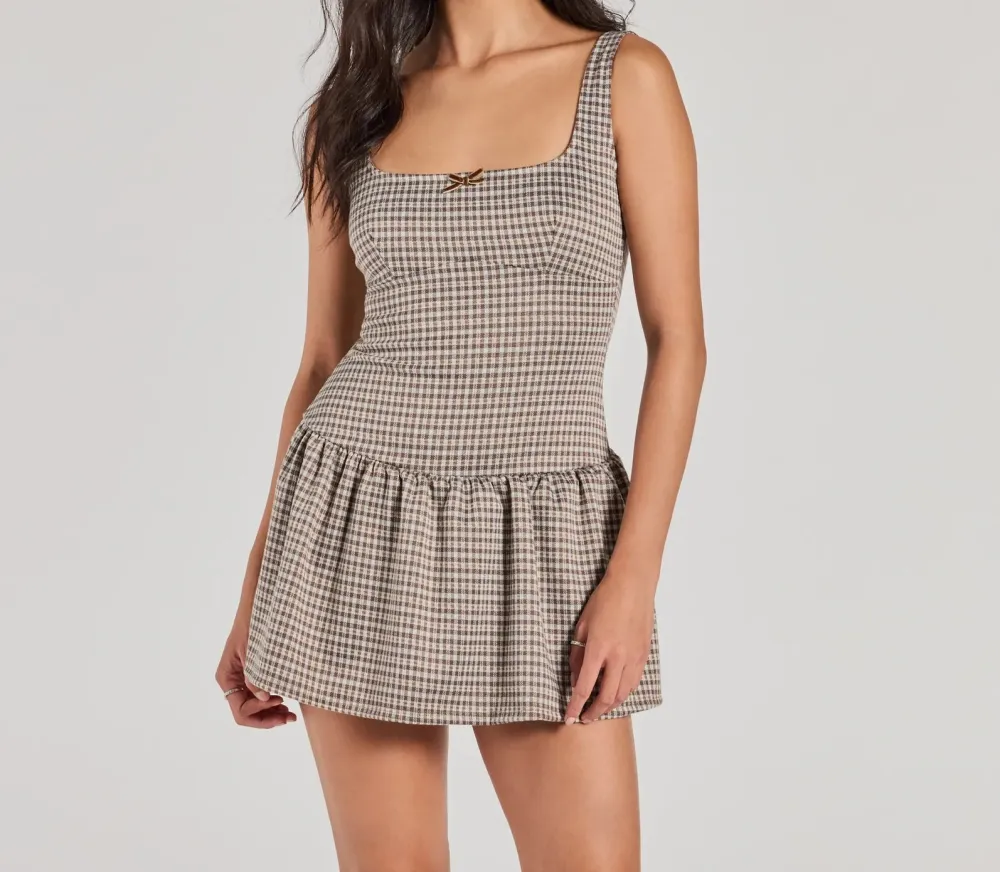 Taupe Plaid Sleeveless Mini dress