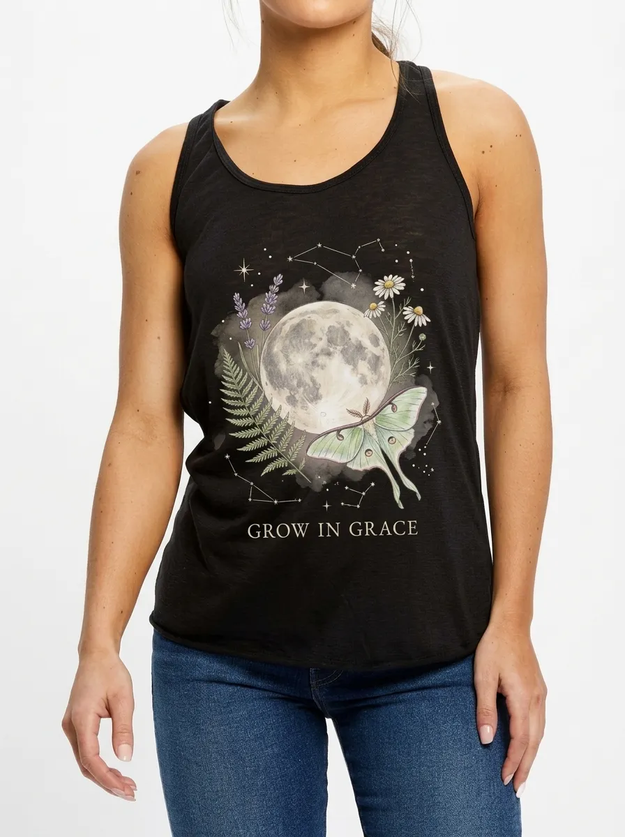 Women's Celestial Moth Moon Floral Printed Tank Top