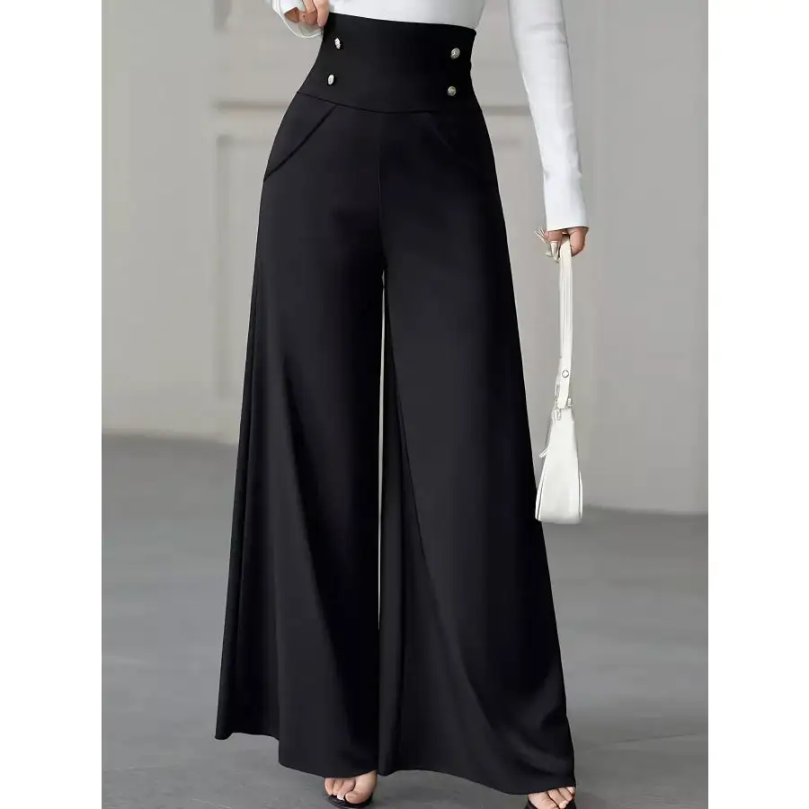 High Waist Wide Leg Button Decor Pants