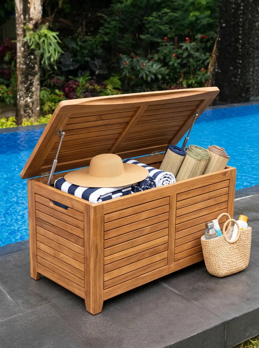 Poolside Teak Wood Slatted Storage Box