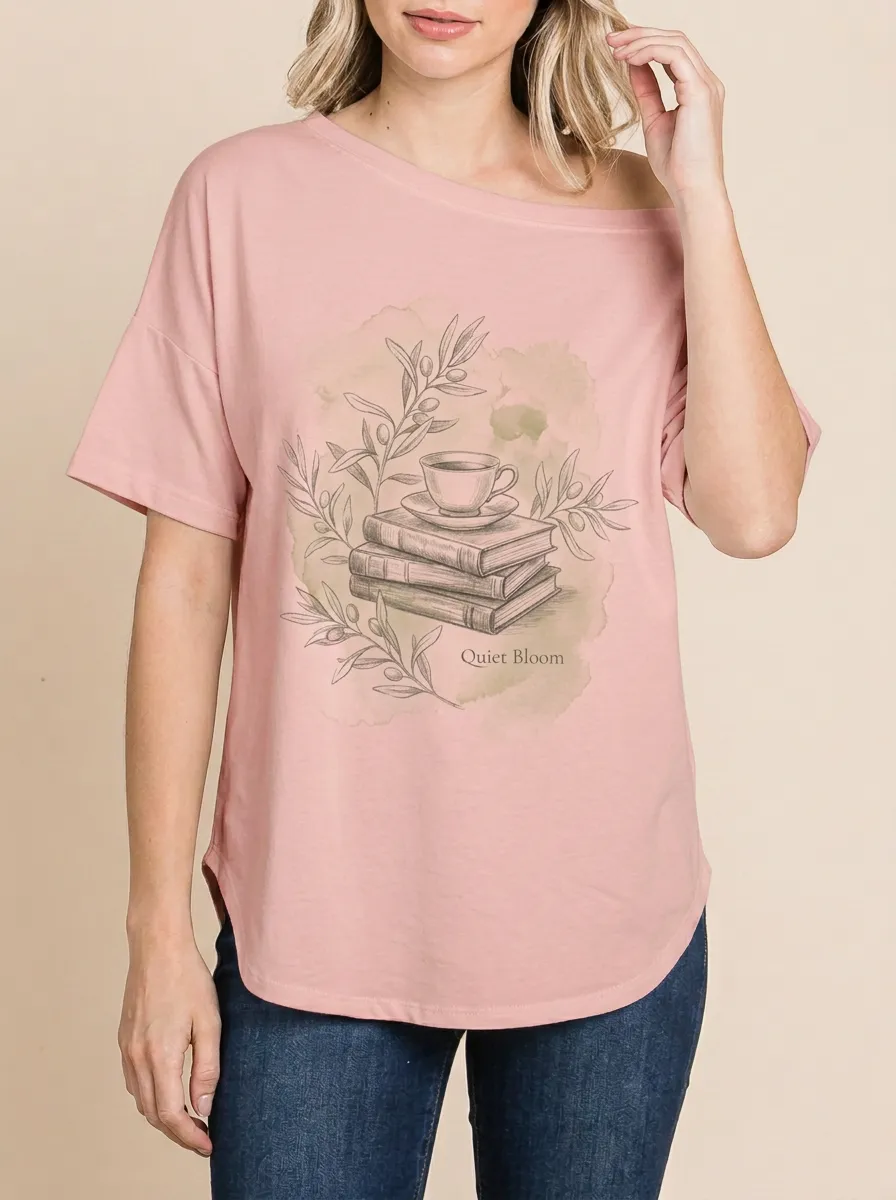 Women's Book Lover Coffee Olive Branch Printed T-shirt